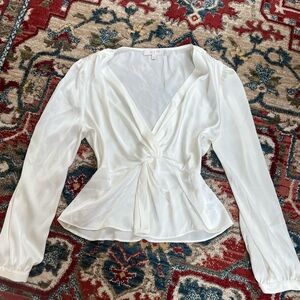 Ivory Twist-Front V-Neck Peplum long sleeve Top
